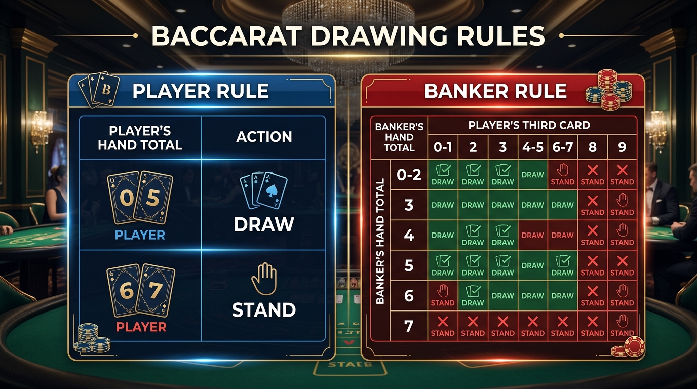Baccarat Online: Chơi & Thắng Lớn | Hướng Dẫn Từ A-Z 116 📷 Ảnh 2: Sơ đồ luồng quyết định rút bài — Player rule và Banker rule phân biệt màu sắc