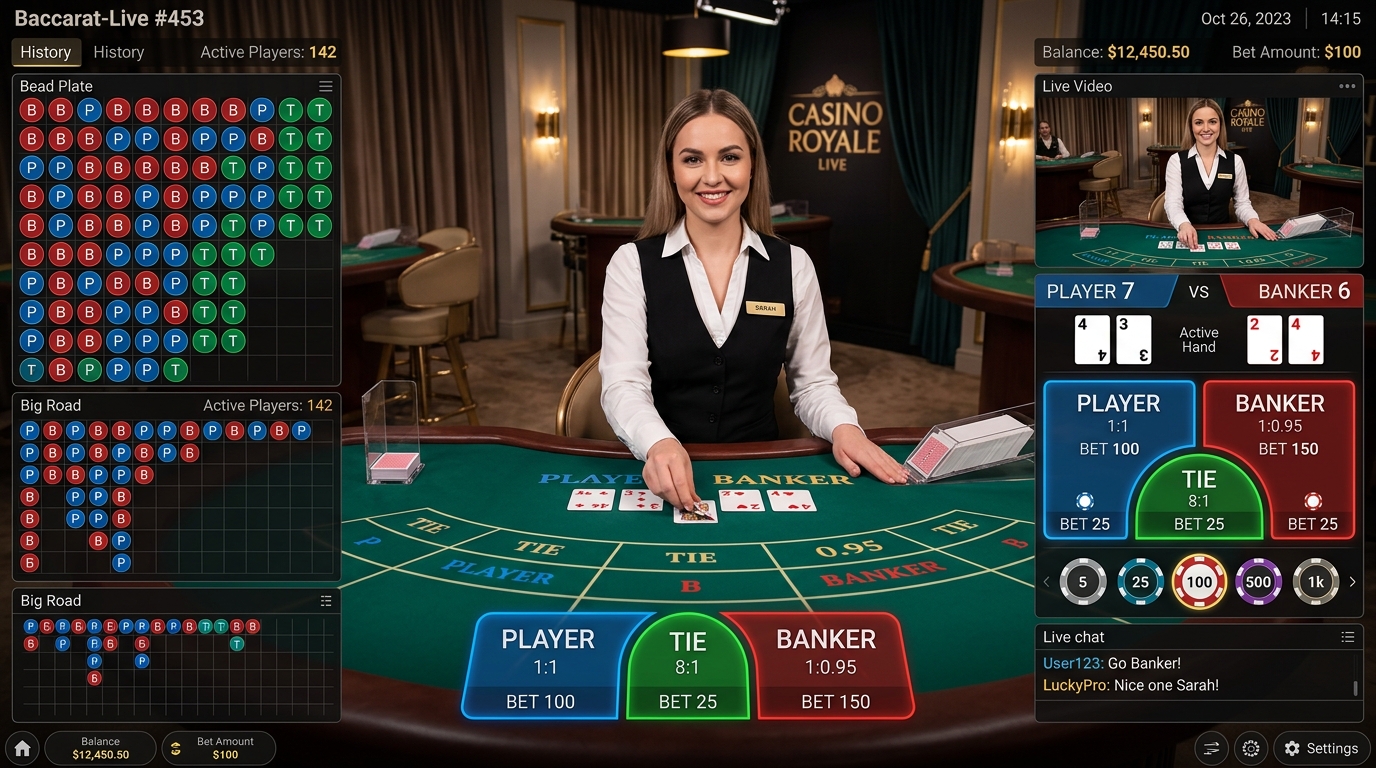 📷 Ảnh 4: Giao diện baccarat live online với dealer người thật và bảng thống kê cầu 📷 Ảnh 4: Giao diện baccarat live online với dealer người thật và bảng thống kê cầu