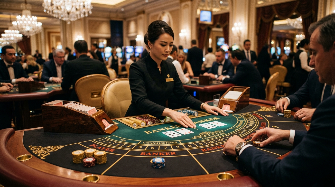Bàn Baccarat tiêu chuẩn tại casino với vị trí Banker và Player, dealer và các ô cược Bàn Baccarat tiêu chuẩn tại casino với vị trí Banker và Player, dealer và các ô cược