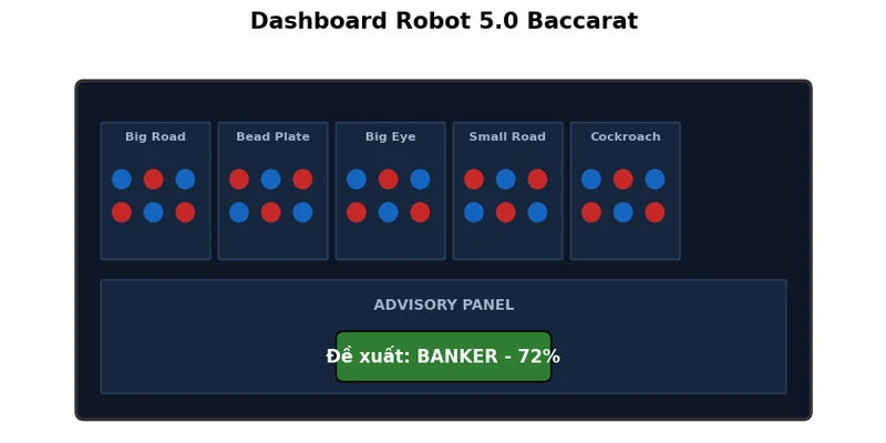 Dashboard Robot 5.0 Baccarat với 5 bảng cầu và advisory panel