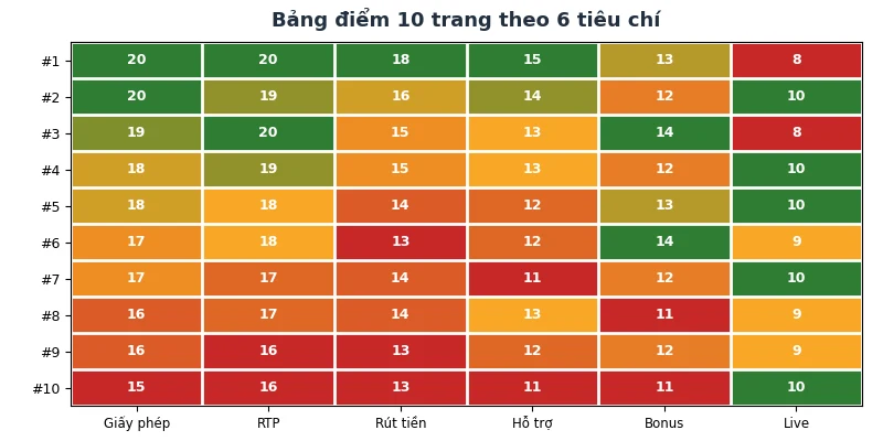Top 10 trang đánh Baccarat uy tín nhất 2026: Xếp hạng & điểm số 4 Bảng điểm 10 trang Baccarat theo 6 tiêu chí